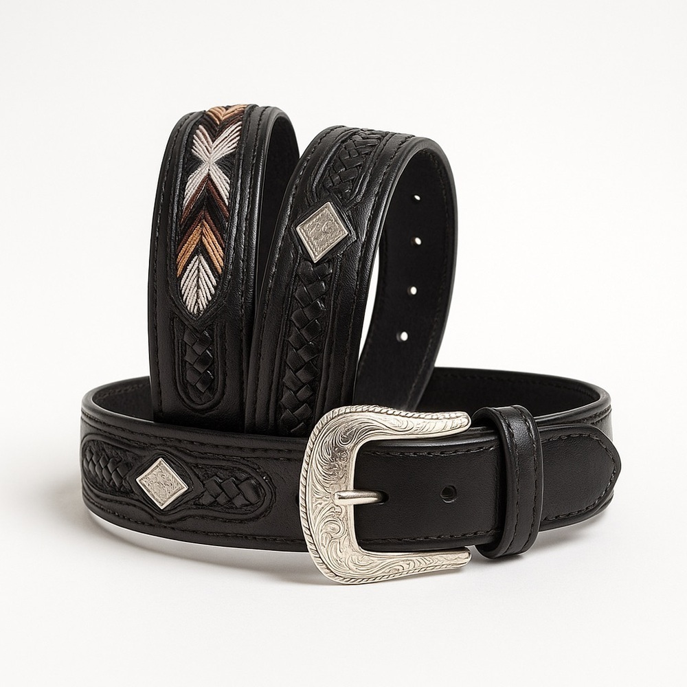 Black Leather Belt with Intricate Silver Buckle